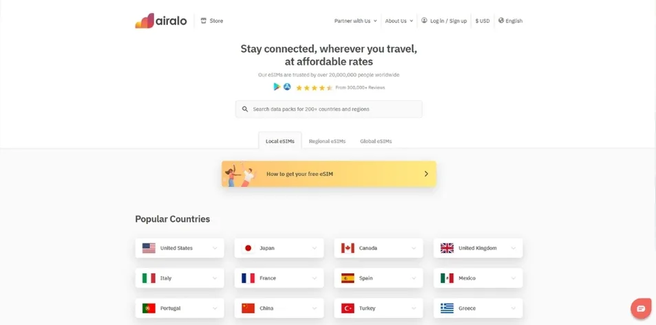 Airalo App Länderauswahl-Bildschirm