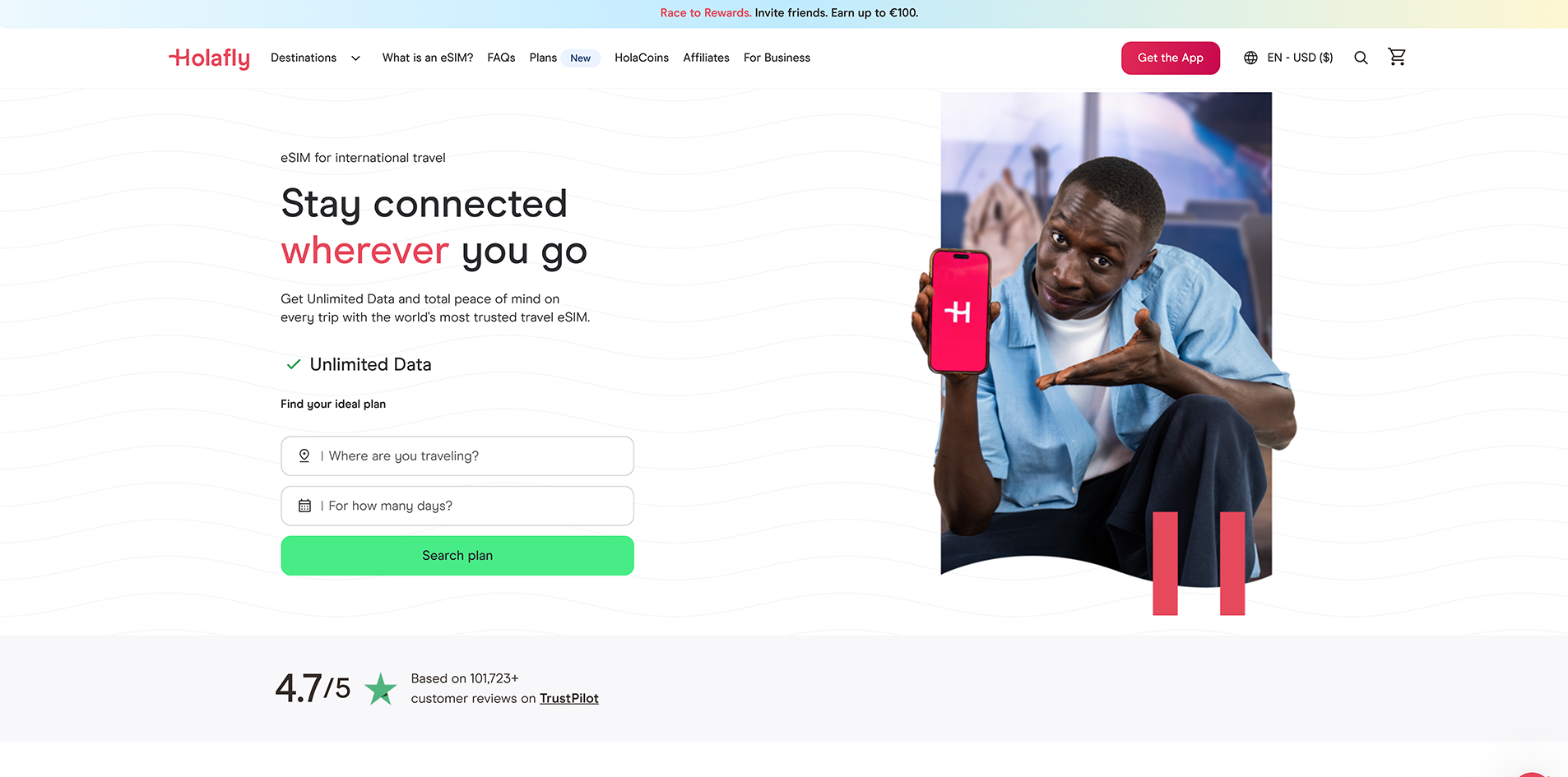 Holafly website destination and plan selection page
