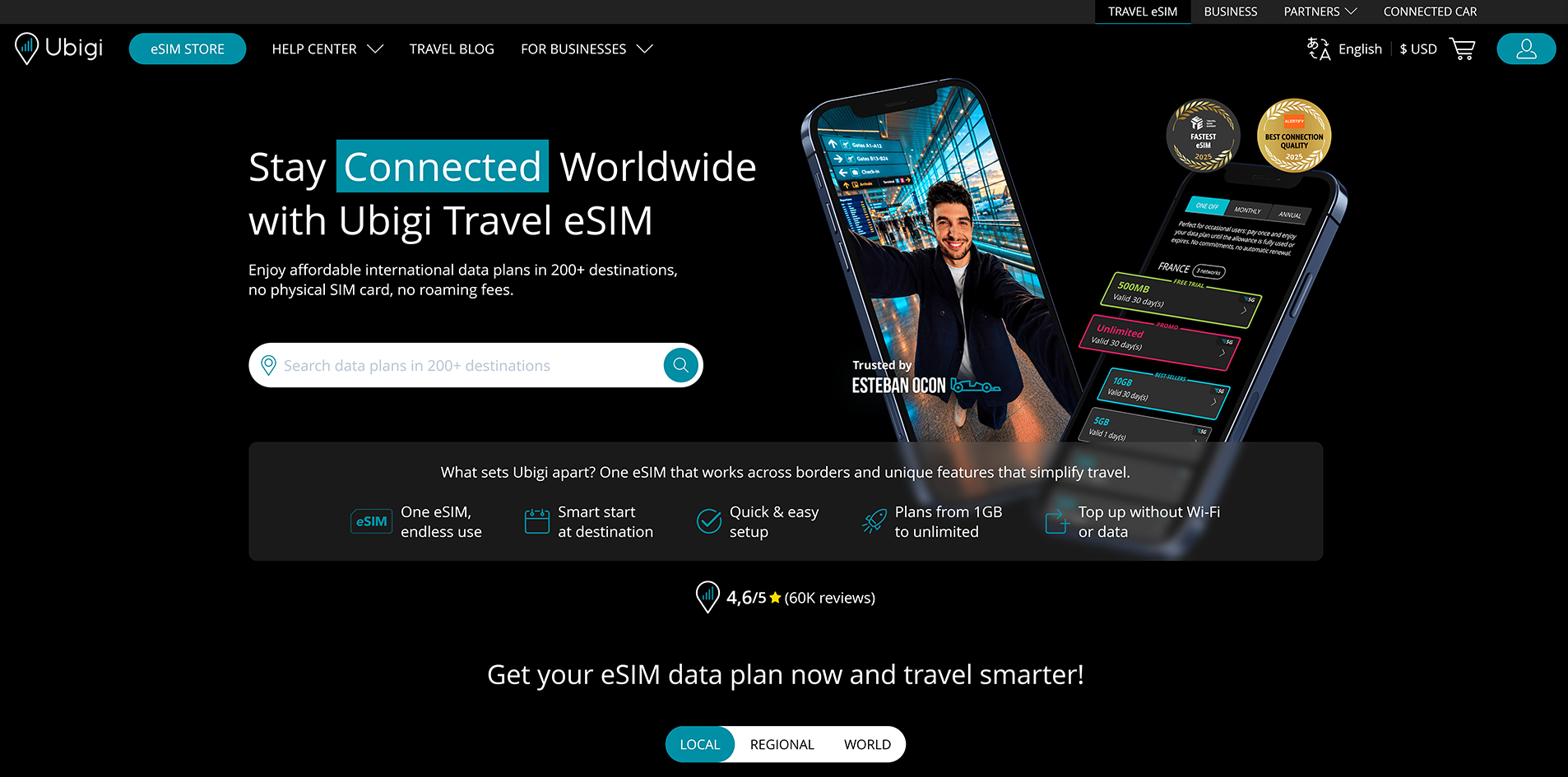 Ubigi app destination and plan selection screen